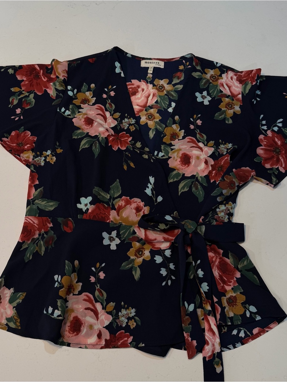 Monteau Navy Floral Flutter Sleeve Wrap-Style Peplum Top – XL - Picture 3 of 6